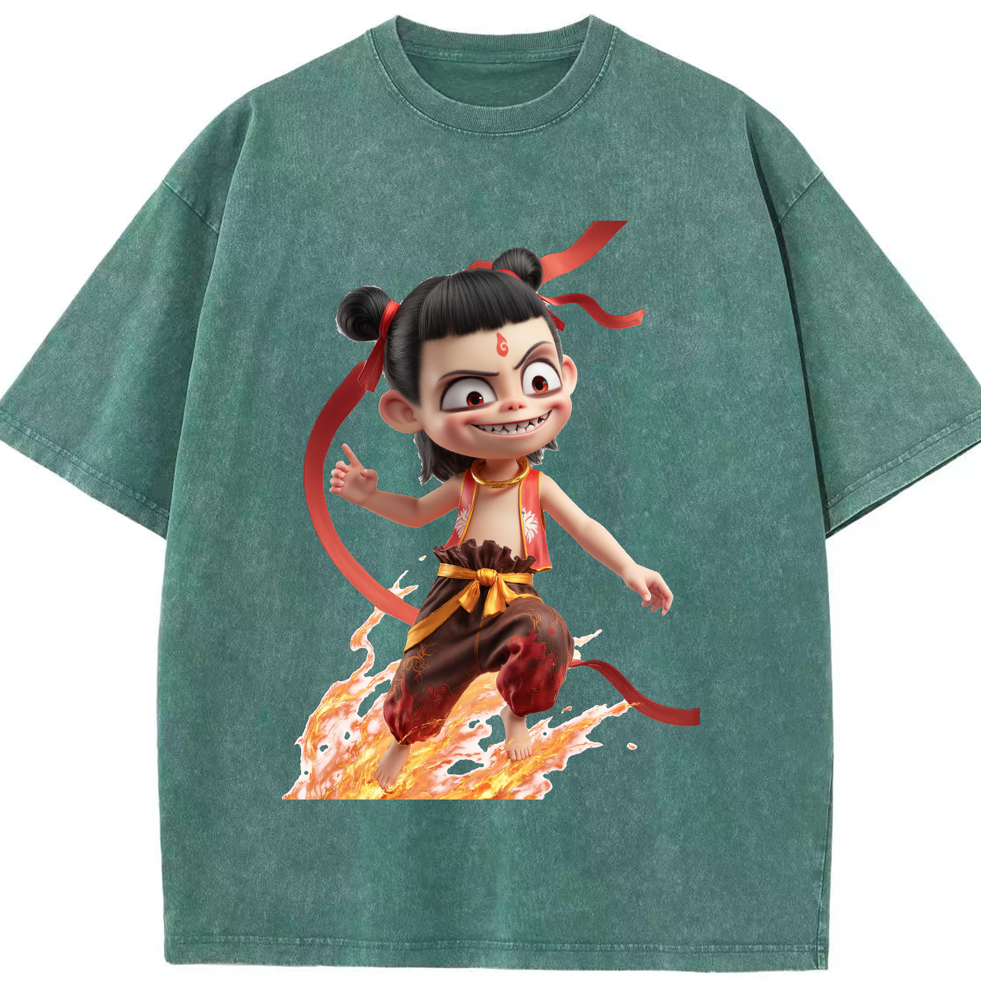 （画像用） Ne Zha 2 ナタ 魔童の大暴れ 綿100% ヴィンテージ風 半袖Tシャツ（フロントプリント）